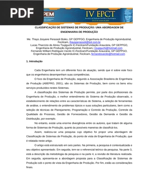 Classificação de sistemas de produção : Uma abordagem de engenharia de produção (Artigo)