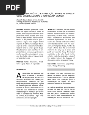 O empirismo lógico e a relação as linguagens observacional e teórica na ciência
