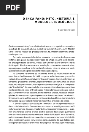 O Inca Pano -  Mito, História E Modelos Etnológicos