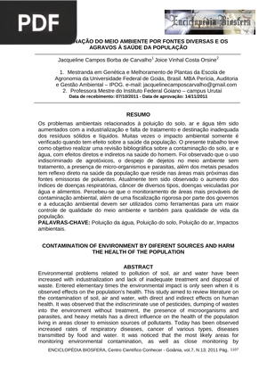 Contaminação de meio ambiente por fontes diversas e os agravos á saúde da popoulação