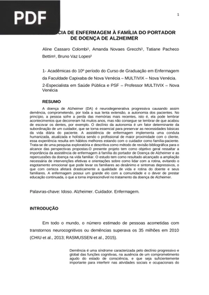 Assistencia de enfermagem a família do portador de doença de alzheimer