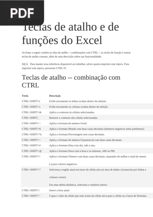 Teclas de atalho e de funções do Excel